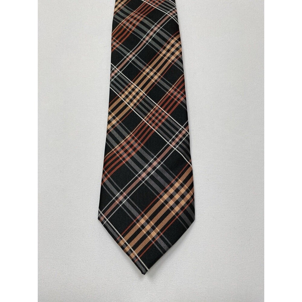Bergamo New York Mens Classic Wide Plaid Necktie Black Orange Gray Tartan